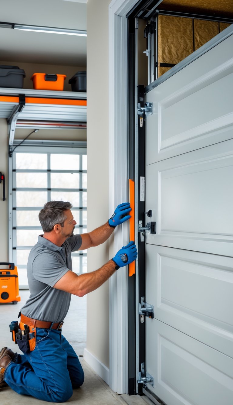 Person installing weatherstripping on the edge of a garage door inside a residential garage.