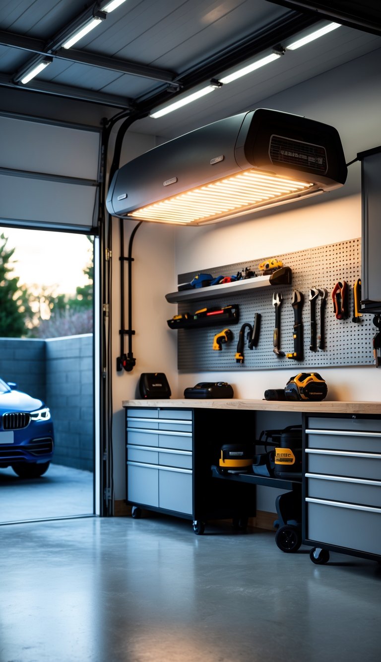 Interior of a clean, organized garage with a wall-mounted electric heater above a workbench and a parked car.
