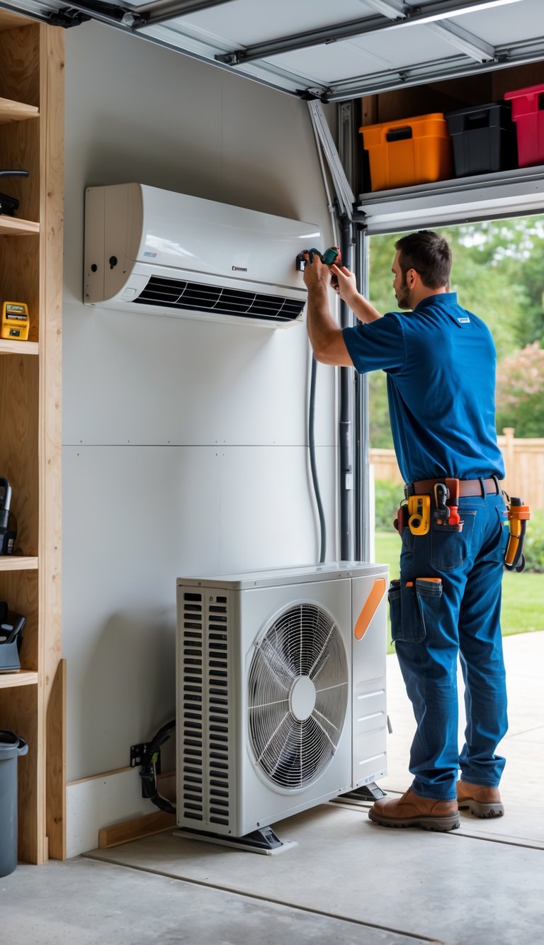 A technician installing a ductless mini-split heating system inside a clean, organized garage.