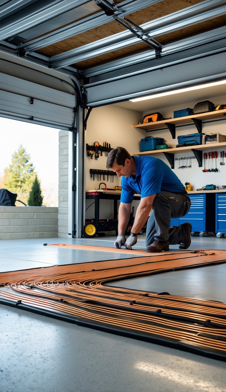 Technician installing radiant floor heating on the floor of a clean, organized garage.