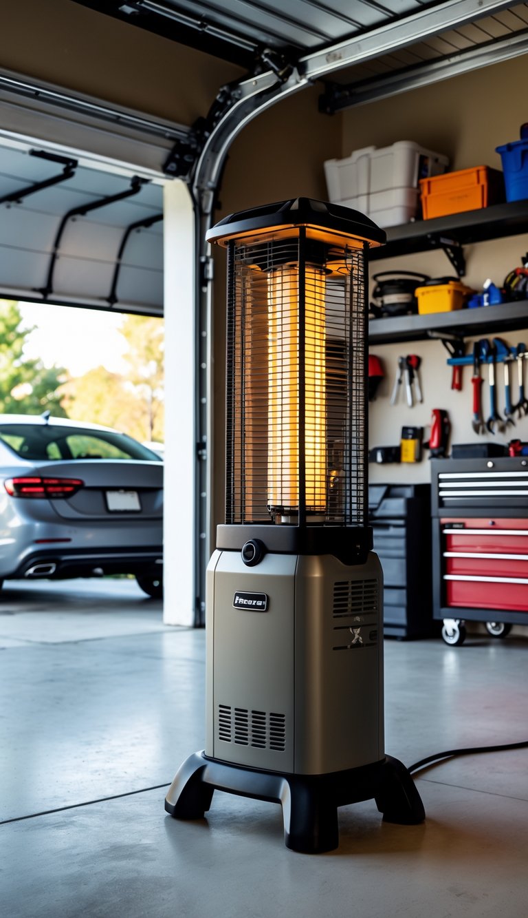 A clean garage with a portable propane heater warming the space, tools on shelves, and a car parked inside.