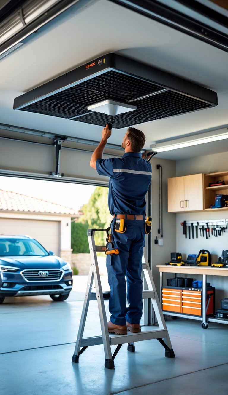 A technician installs a ceiling-mounted infrared heater in a clean, organized garage with a car in the background.