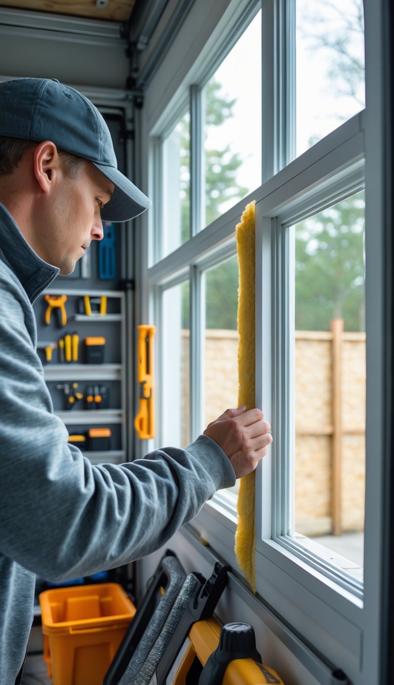 Close-up of a person sealing gaps around a window frame inside a garage.
