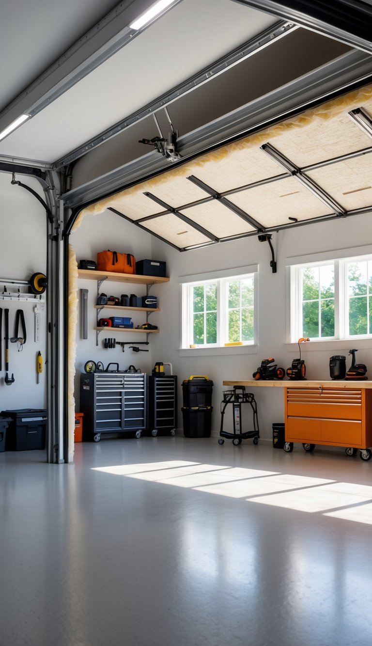 Interior of a clean, organized garage with an insulated garage door and natural light coming through small windows.