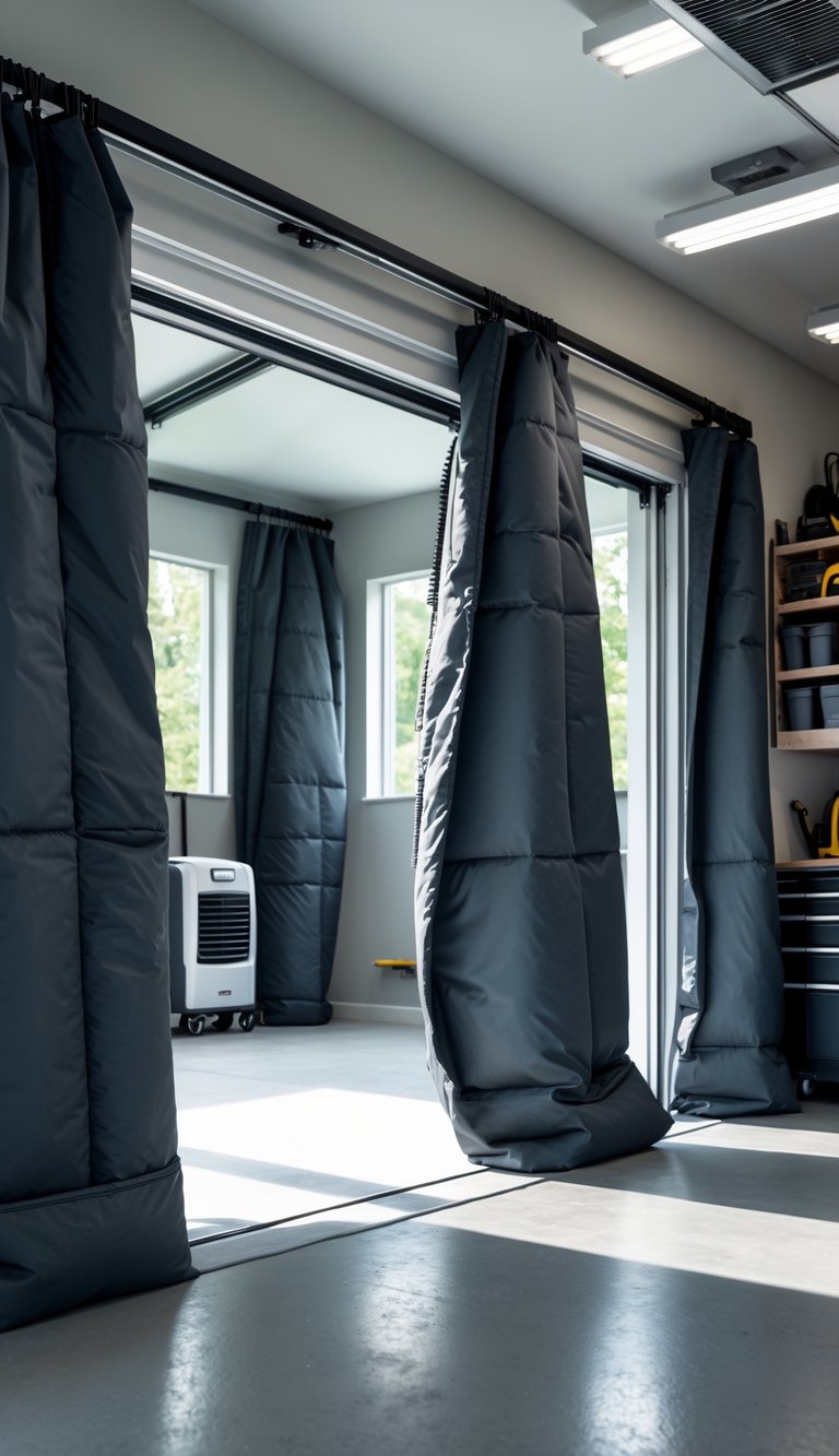 A clean and organized garage interior with thick thermal curtains hanging around the garage door and a heater mounted on the wall.