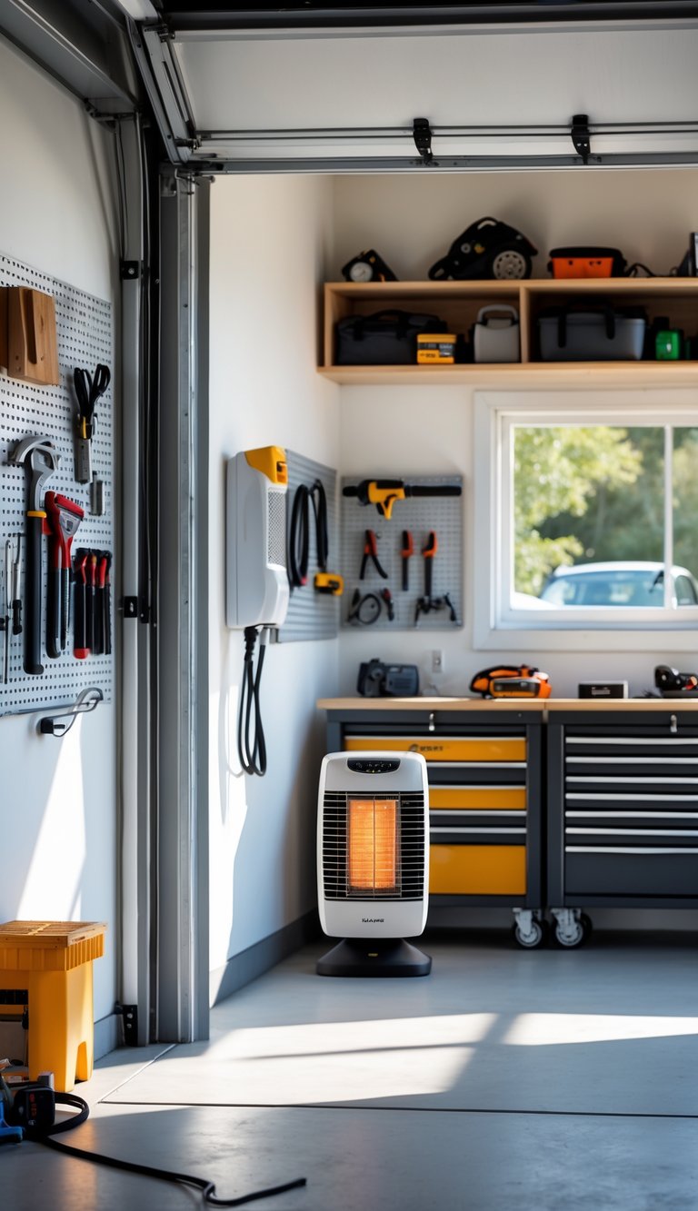 A clean and organized garage with a space heater mounted on the wall and a thermostat, showing a warm and comfortable workspace.