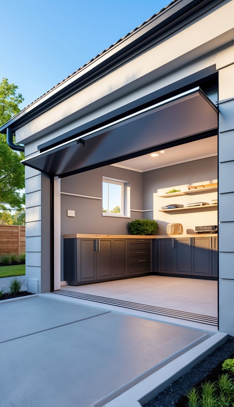 A modern insulated garage door partially open, revealing a heated and organized garage interior with storage shelves and a wall heater.