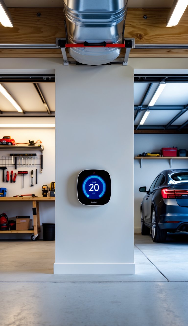 Interior of a heated garage with a smart thermostat on the wall, a workbench, tools, and a parked car.