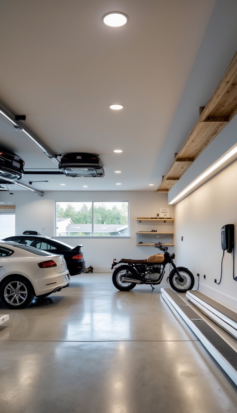 Interior of a clean garage with baseboard electric heaters installed along the walls and vehicles parked inside.