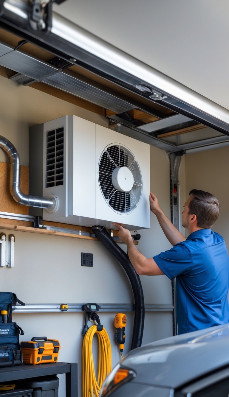 A person installing a ventilation fan with heat recovery system in a clean, organized garage.