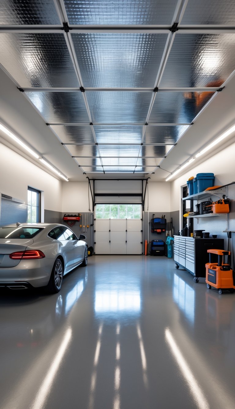 A modern garage interior with reflective radiant barriers installed on walls and ceiling, featuring a parked car and organized storage.