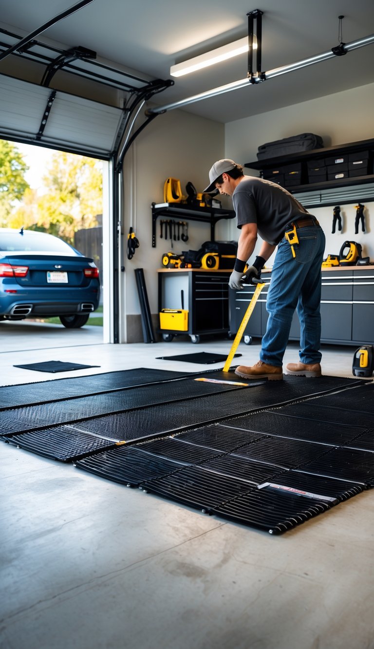 A person installing underfloor heating mats on the floor of a clean, organized garage with tools and storage visible.