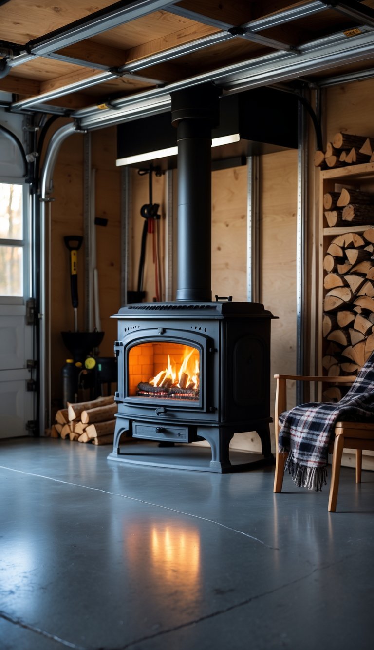 A warm garage interior with a lit wood stove, firewood stacked nearby, and a cozy seating area.