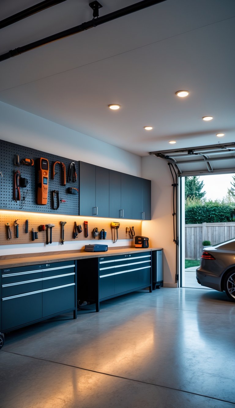 Interior of a clean, organized garage with electric wall panels installed along the walls and a parked car.