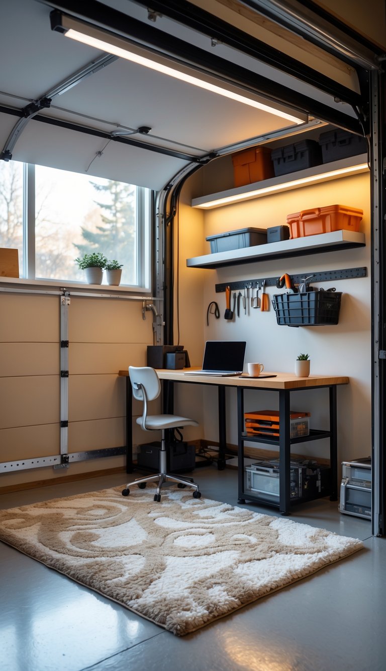 A cozy workspace in a heated garage with a desk, laptop, area rug, shelves, and warm lighting.
