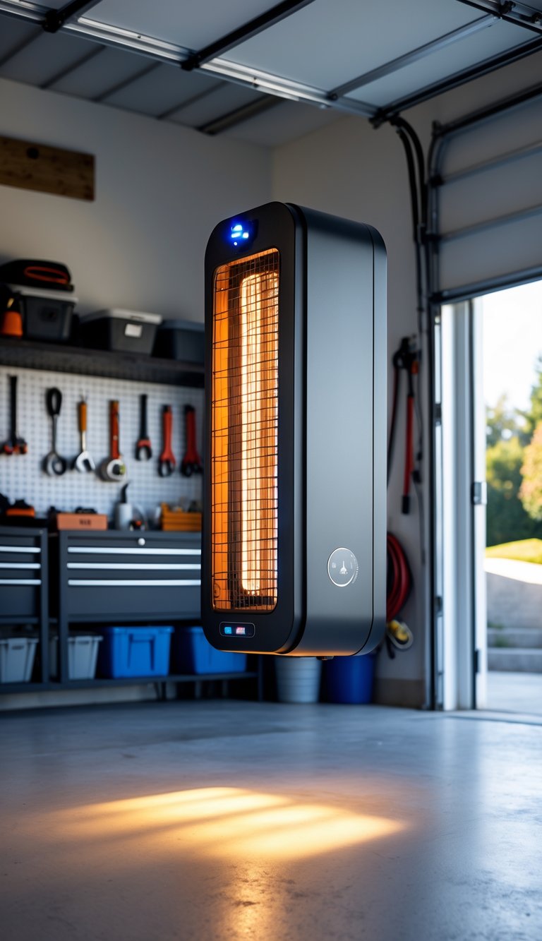 A clean, organized garage with a wall-mounted heater that has a safety shutoff switch, illuminated by natural light.