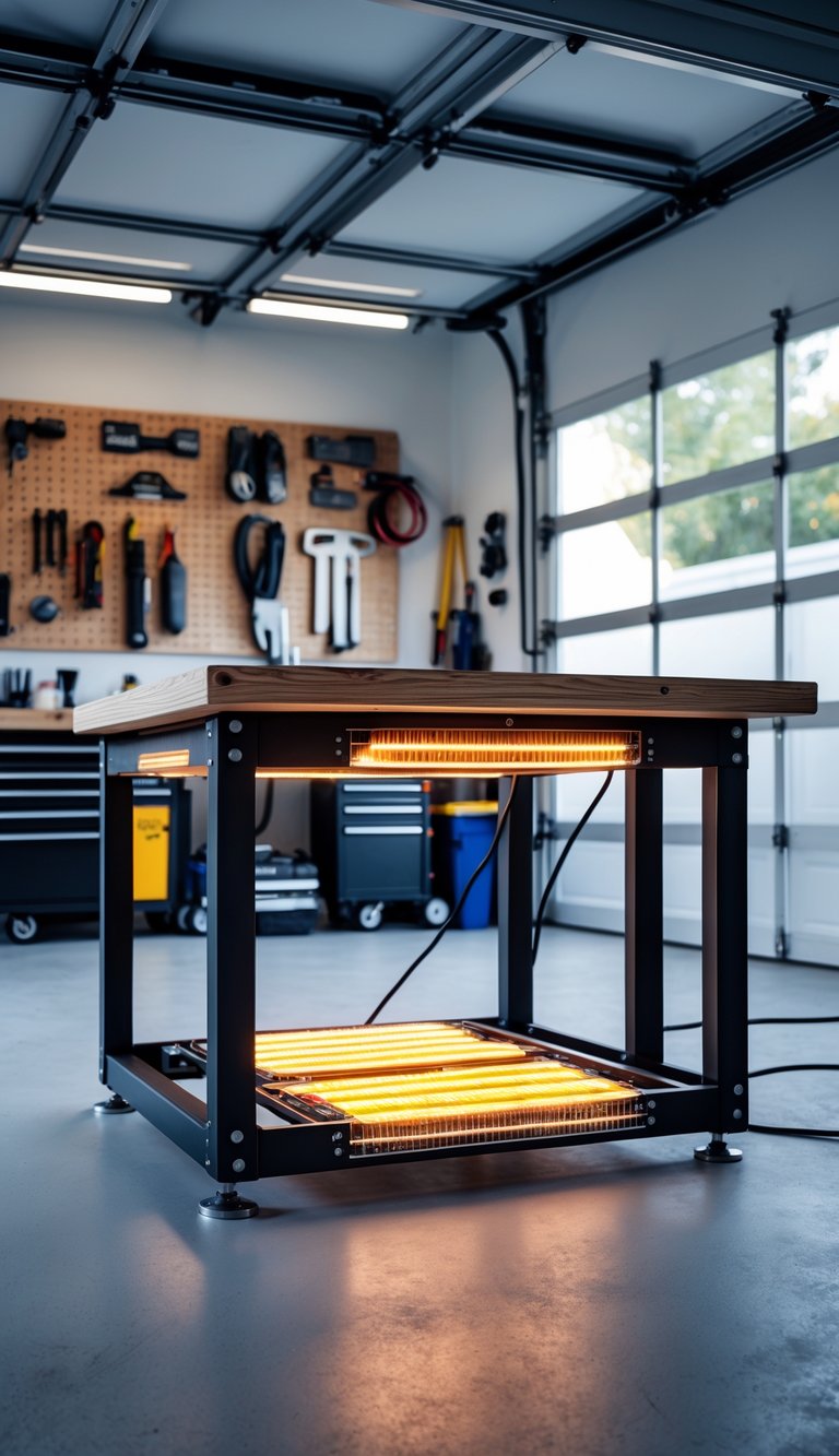 A clean and organized garage workspace with a heated wooden workbench and tools arranged on shelves and pegboards.