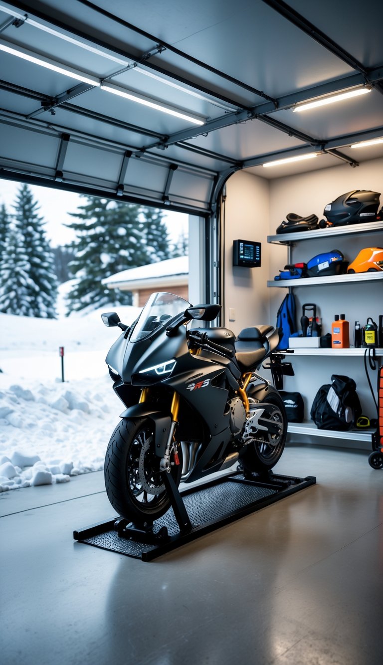 Motorcycle stored inside a warm, clean garage with shelves holding maintenance tools and snow visible outside a window.