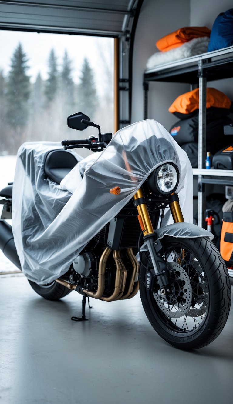 A motorcycle covered with a breathable cover stored indoors in a clean garage during winter.