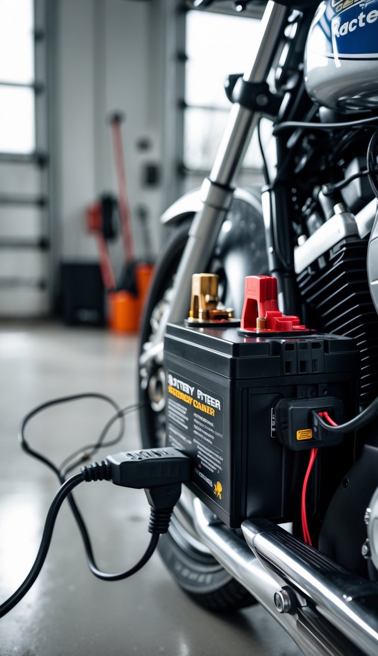 Close-up of a motorcycle battery connected to a Battery Tender charger in a garage setting.