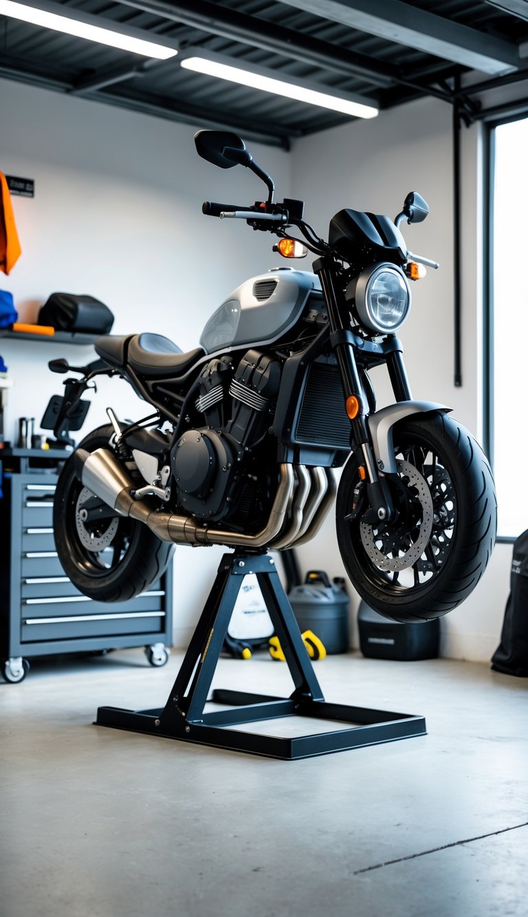 A motorcycle elevated on a stand in a clean garage, with tires off the ground and organized storage items around it.