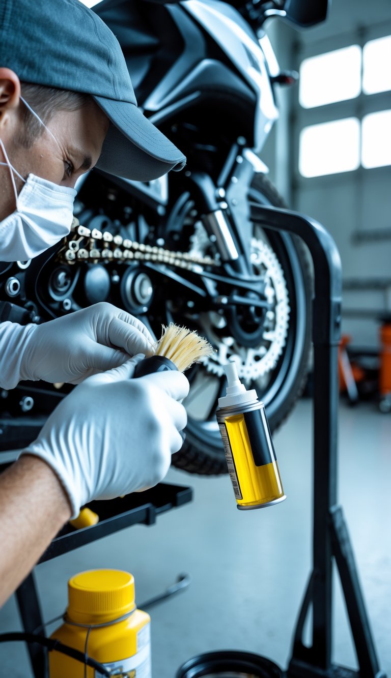 Person cleaning and lubricating a motorcycle chain in a garage before storage.