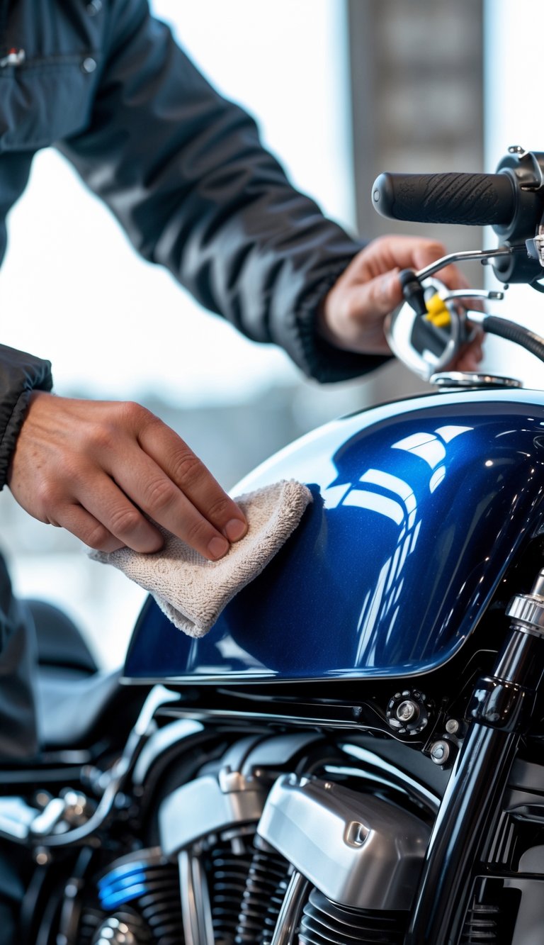 Close-up of hands waxing a motorcycle's paint with a soft cloth.