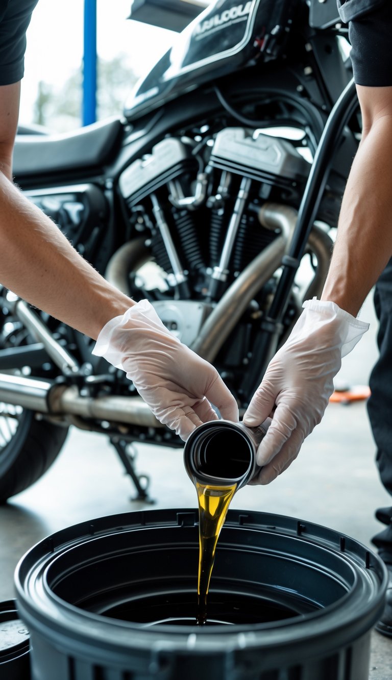 Person changing the engine oil of a motorcycle in a clean garage setting.