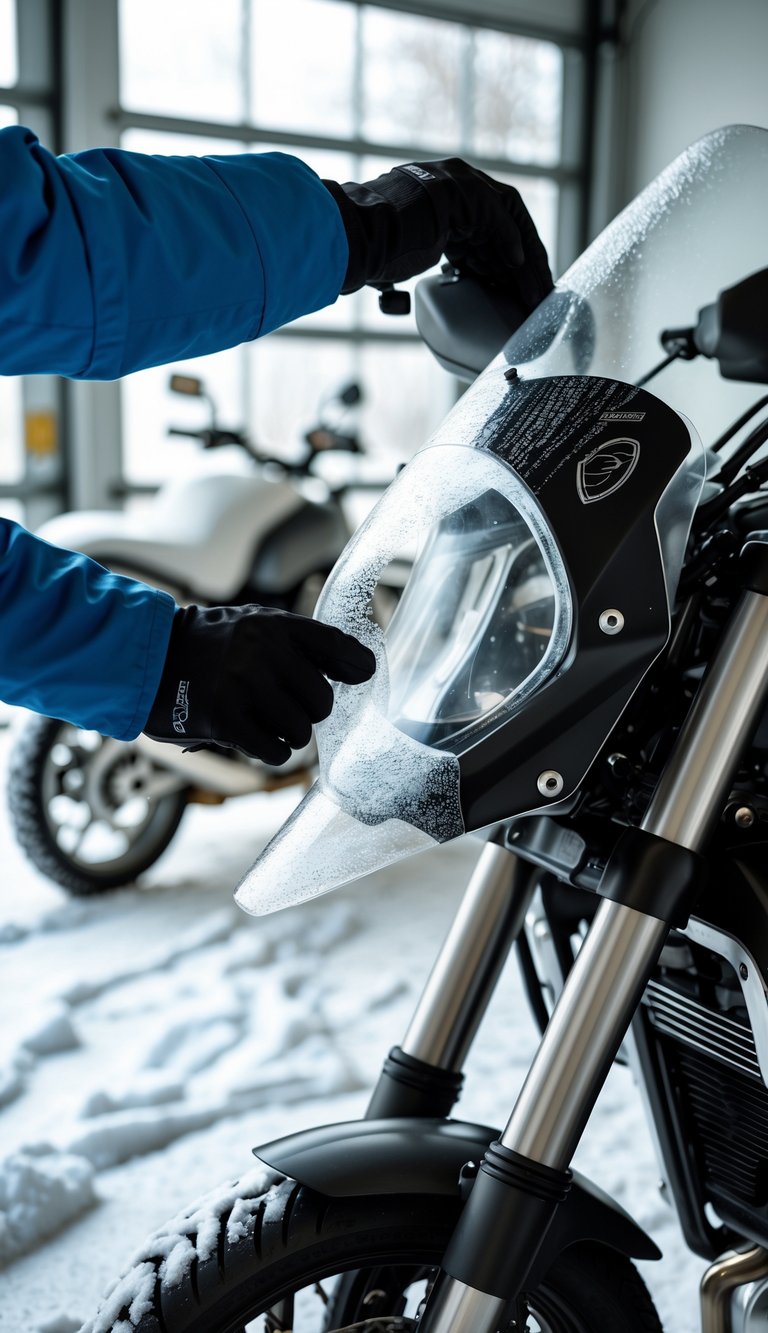 A person removing the windshield from a motorcycle in a garage during winter storage.