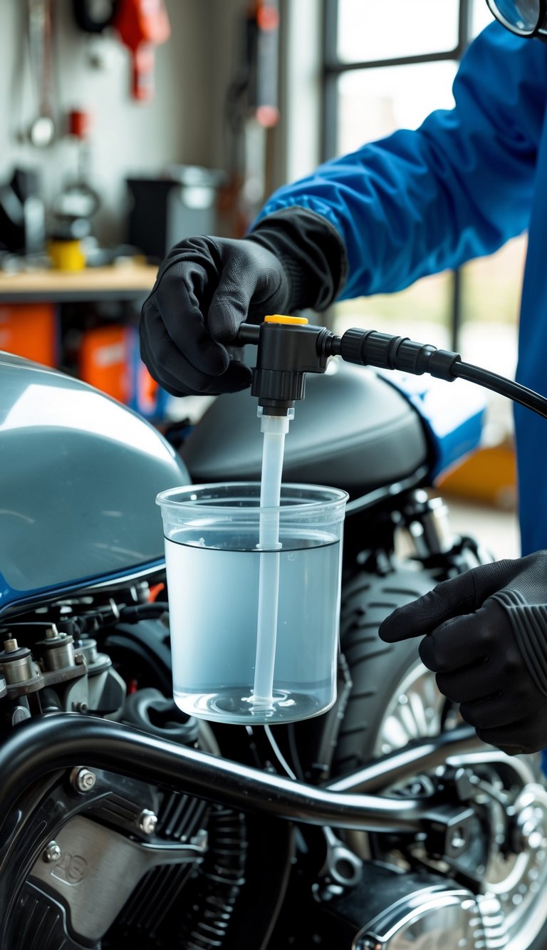 Close-up of hands draining fuel from a motorcycle fuel tank into a clear container in a garage setting.