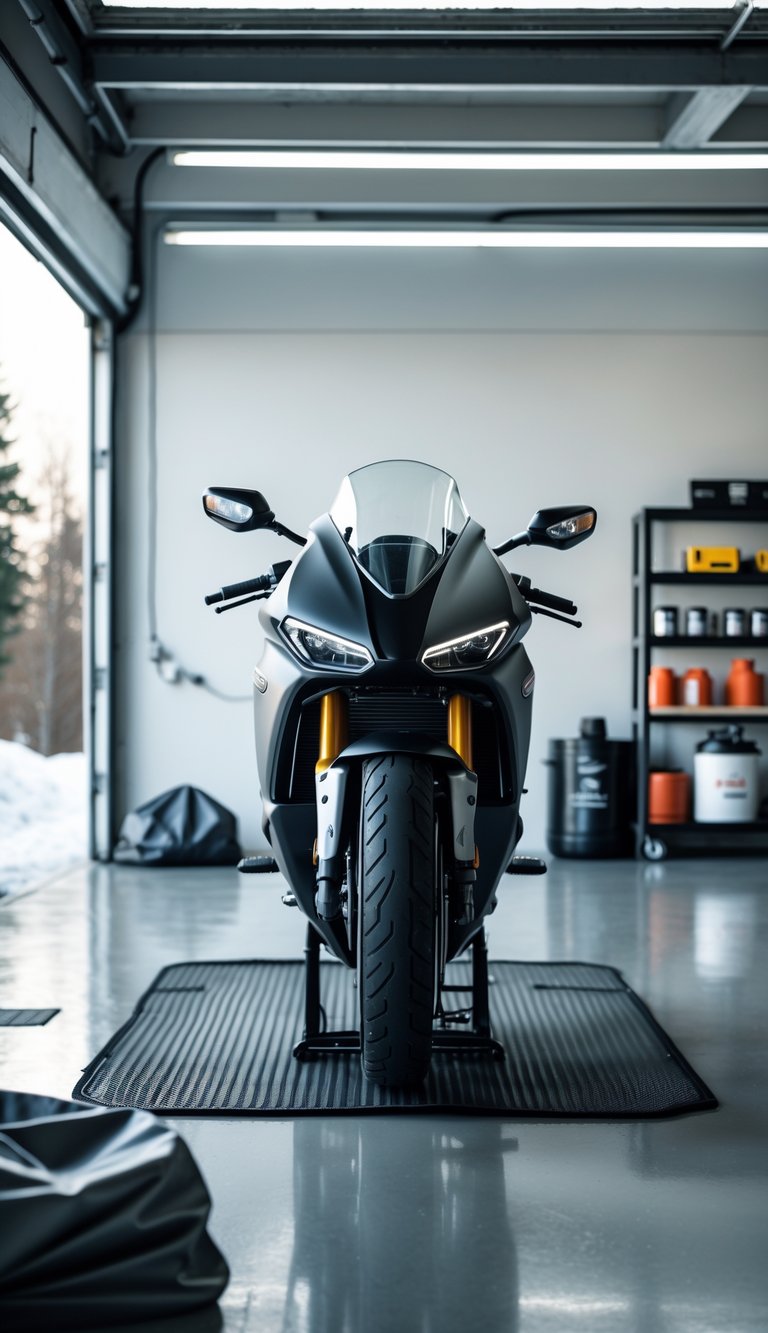 A motorcycle parked inside a clean, dry garage with open windows and storage items neatly arranged around it.