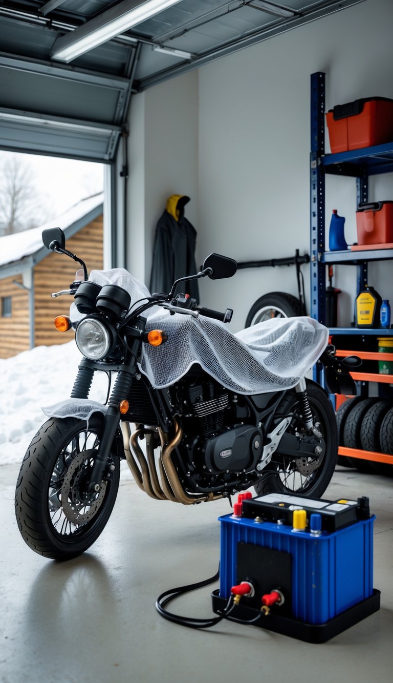 A motorcycle stored indoors in a garage with its battery disconnected and placed nearby, surrounded by organized storage items.