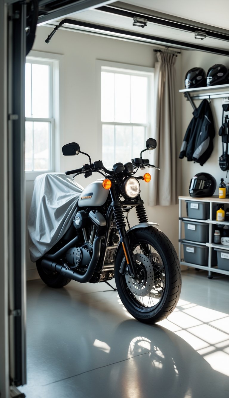 A motorcycle stored indoors in a clean garage, covered and positioned away from direct sunlight, with storage supplies and gear neatly arranged nearby.