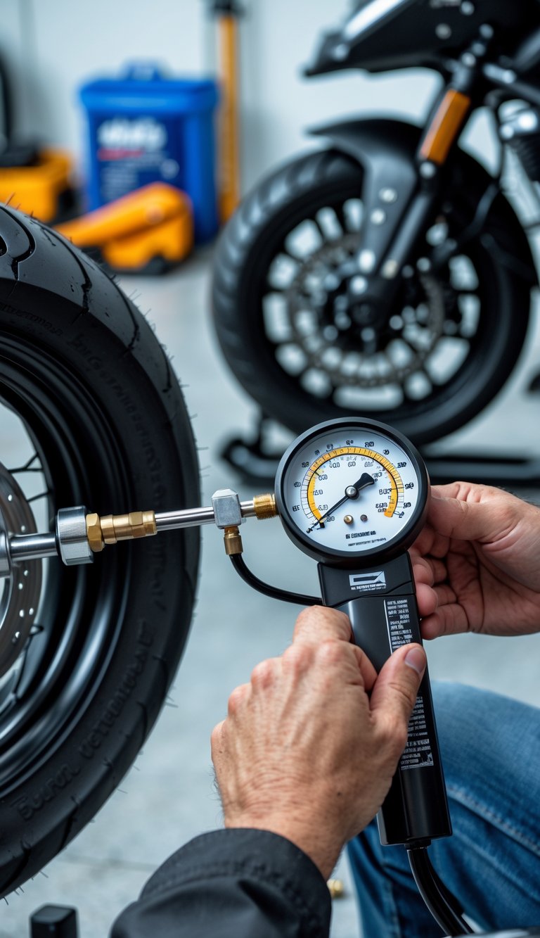 Person inflating a motorcycle tire with a pressure gauge in a garage preparing the bike for winter storage.