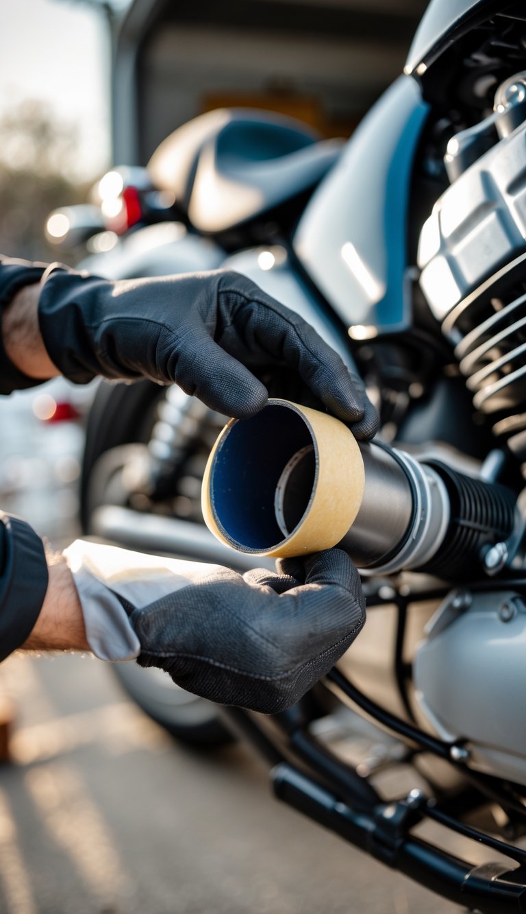 Close-up of a person covering a motorcycle's exhaust pipe with tape or a plug to prepare it for winter storage.