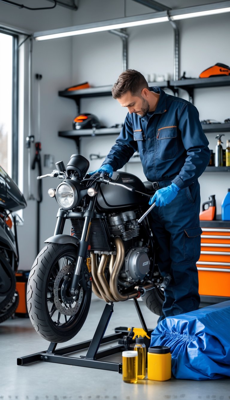 Mechanic inspecting a motorcycle in a garage preparing it for winter storage.