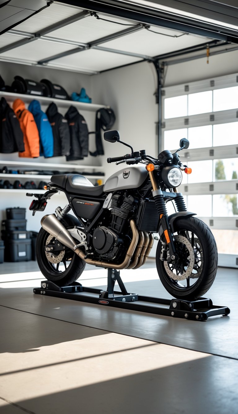 A motorcycle standing upright on a center stand inside a clean garage prepared for winter storage.
