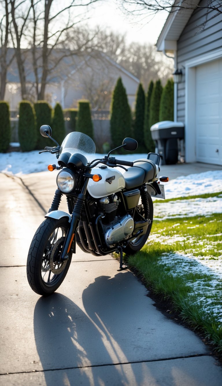 A motorcycle covered with a protective cover parked on a paved driveway next to a house with snow on the grass and dirt nearby.