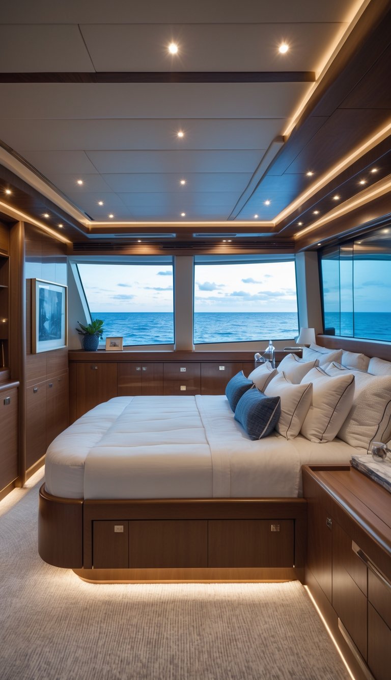 A master bedroom on a luxury yacht with built-in wooden storage cabinets, a large bed, and ocean views through floor-to-ceiling windows.