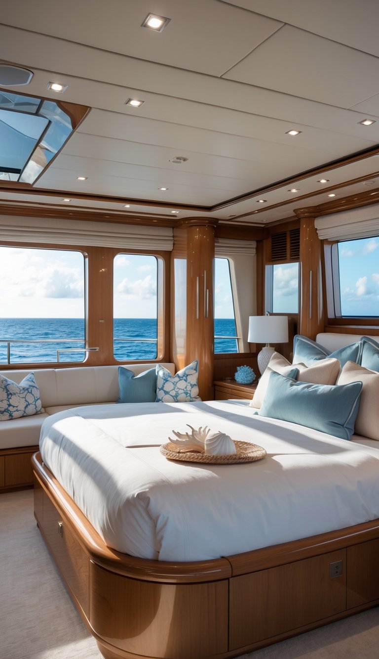 A luxury yacht master bedroom with a large bed, ocean view through windows, and soft blue and beige colors.