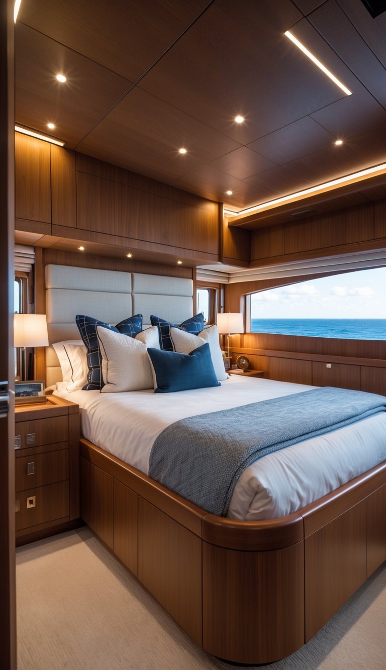 A master bedroom on a luxury yacht with teak wood panel walls, a large bed, and ocean views through wide windows.