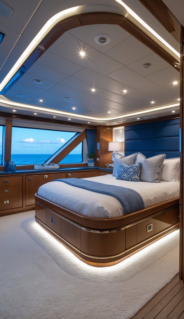 A luxury yacht master bedroom with a large bed, ambient lighting, wooden cabinetry, and ocean views through large windows.