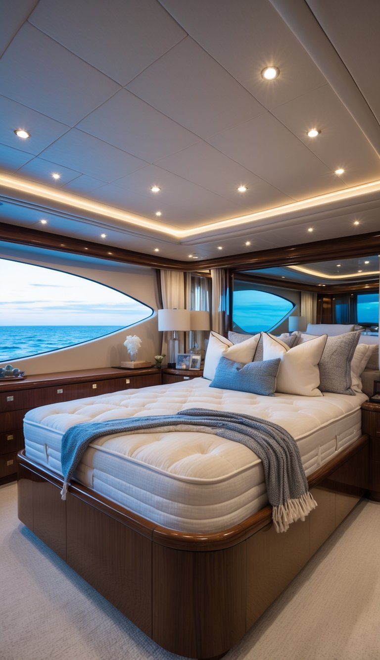A spacious yacht master bedroom with a king-size bed, large windows showing ocean views, and elegant wooden furnishings.