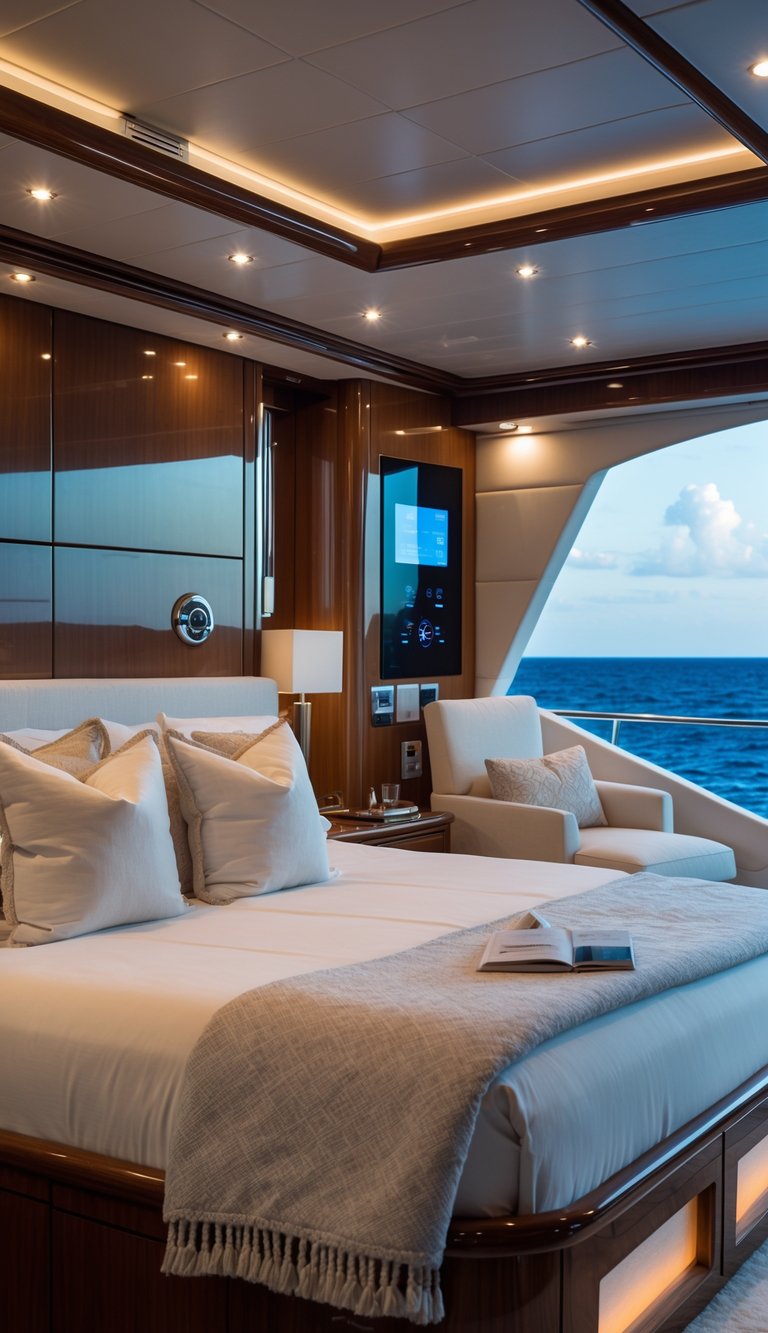 Master bedroom on a luxury yacht with large windows showing the ocean, a king-sized bed, and a smart climate control panel on the wall.