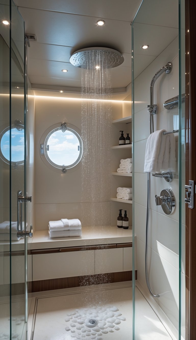 An en suite bathroom with a rain shower inside a luxury yacht master bedroom, featuring marble floors, glass shower, and chrome fixtures.