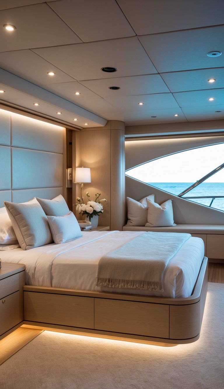 A luxury yacht master bedroom with a king-sized bed and two floating nightstands on either side, large windows showing the ocean in the background.