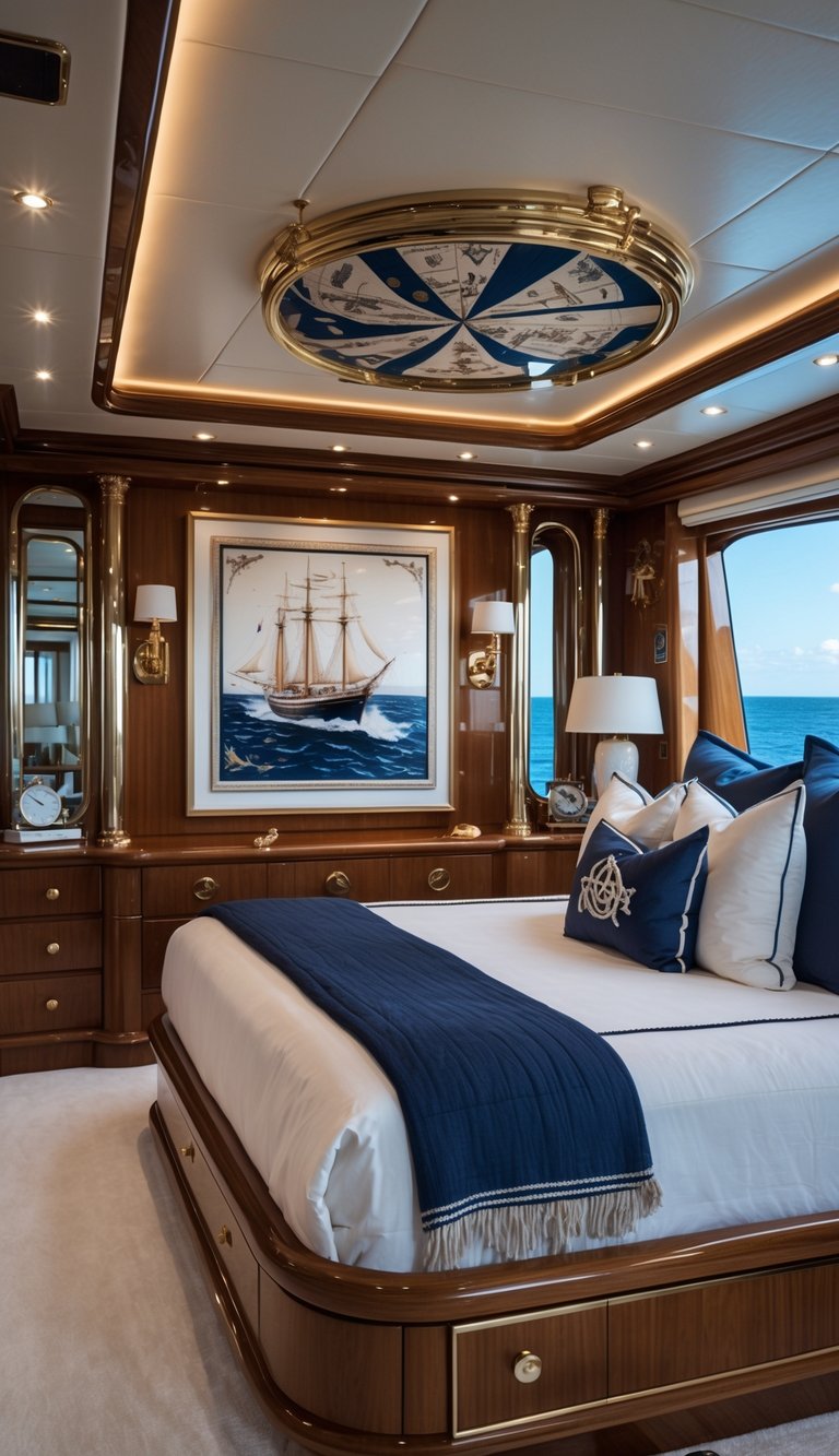 A luxurious yacht master bedroom with a large bed, wooden walls, nautical decorations, and windows showing the ocean.