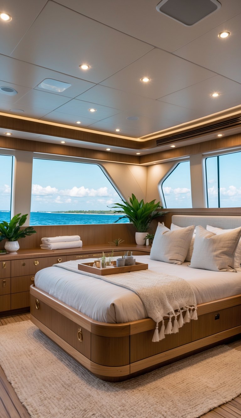 A master bedroom on a luxury yacht with large windows overlooking the ocean, featuring a wooden bed, natural fiber rugs, green plants, and soft neutral colors.