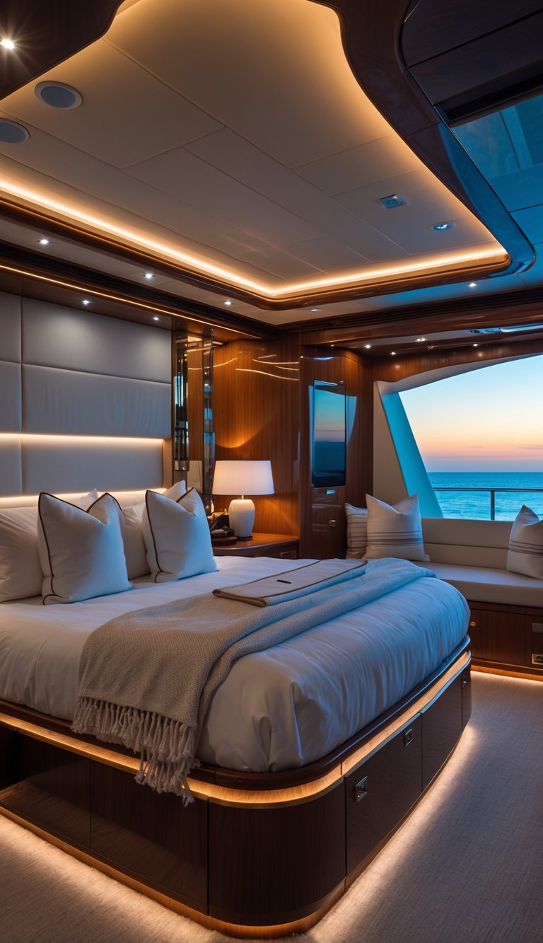 A master bedroom on a yacht with a large bed, warm ambient lighting, wooden walls, and large windows showing an ocean view at sunset.