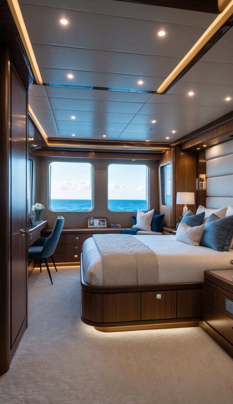 A luxurious yacht master bedroom with a large bed, wooden cabinetry, and large windows showing an ocean view.